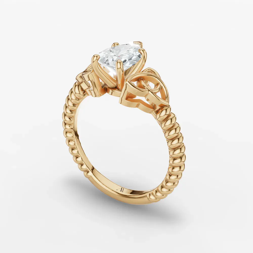 Certified 1 carat Lab Grown Diamond Pear Cut Solitaire, Twist, Celtic Engagement Ring in 14K Yellow Gold-Thalyn