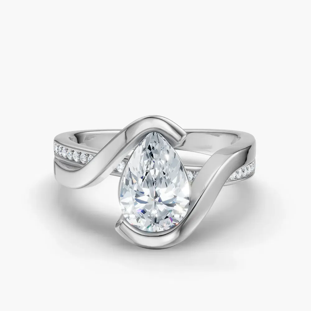 Certified 1 carat Lab Grown Diamond Pear Cut Bezel, Modern, Split Shank Engagement Ring in 14K White Gold-Elara