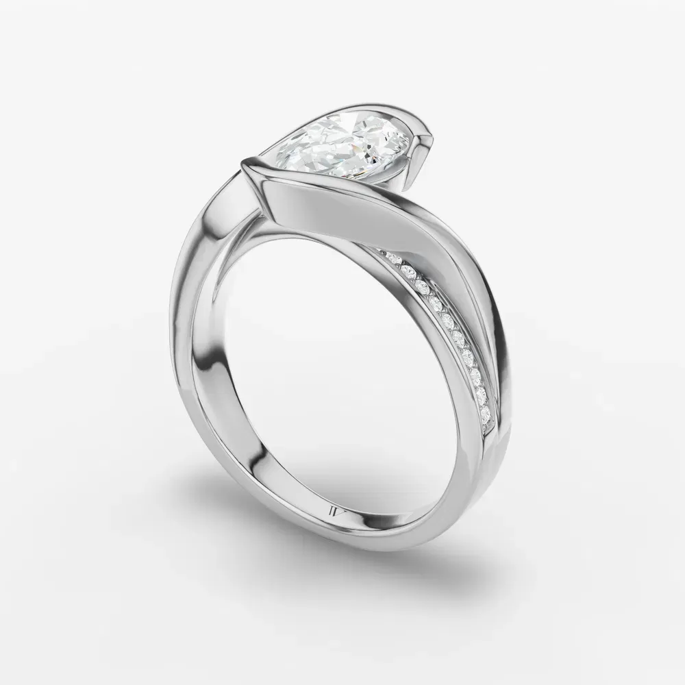 Certified 1 carat Lab Grown Diamond Pear Cut Bezel, Modern, Split Shank Engagement Ring in 14K White Gold-Elara