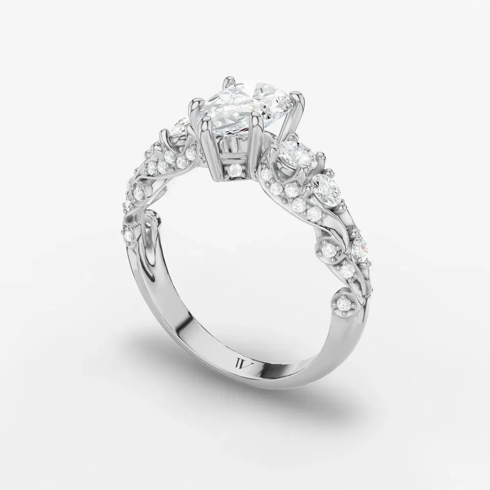 Certified 1 carat Lab Grown Diamond Pear Cut Hidden Halo, Unique, Side Stone Engagement Ring in 14K White Gold-Marinia
