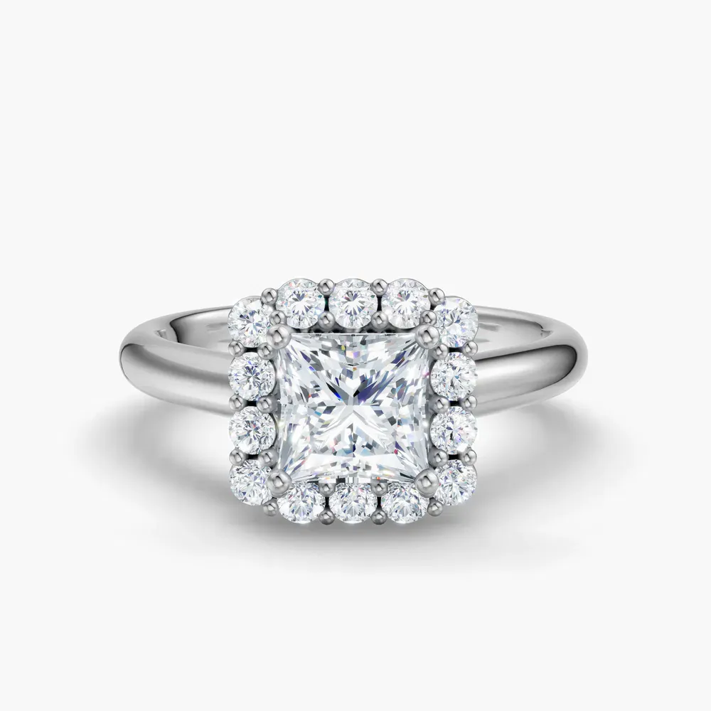 Certified 1 carat Lab Grown Diamond Princess Cut Cathedral, Halo, Floral Engagement Ring in 14K White Gold-Arwen