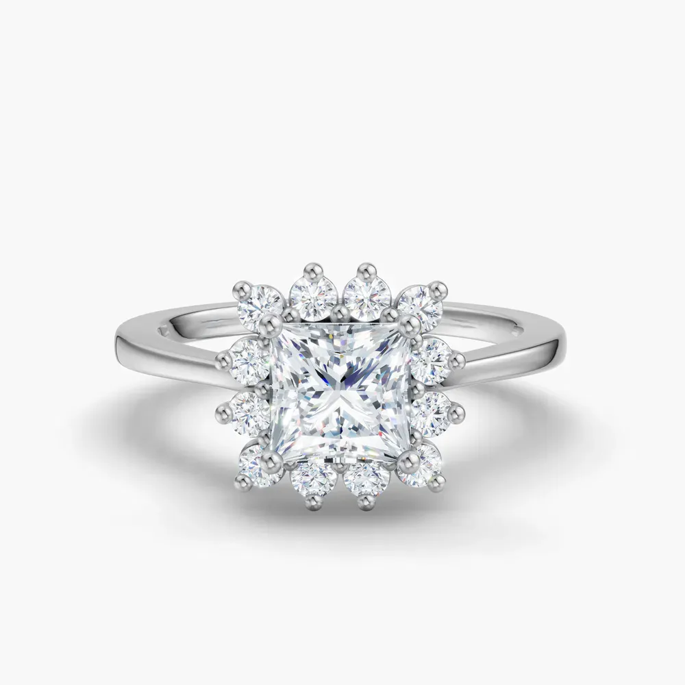 Certified 1 carat Lab Grown Diamond Princess Cut Cathedral, Halo, Floral Engagement Ring in 14K White Gold-Juncb