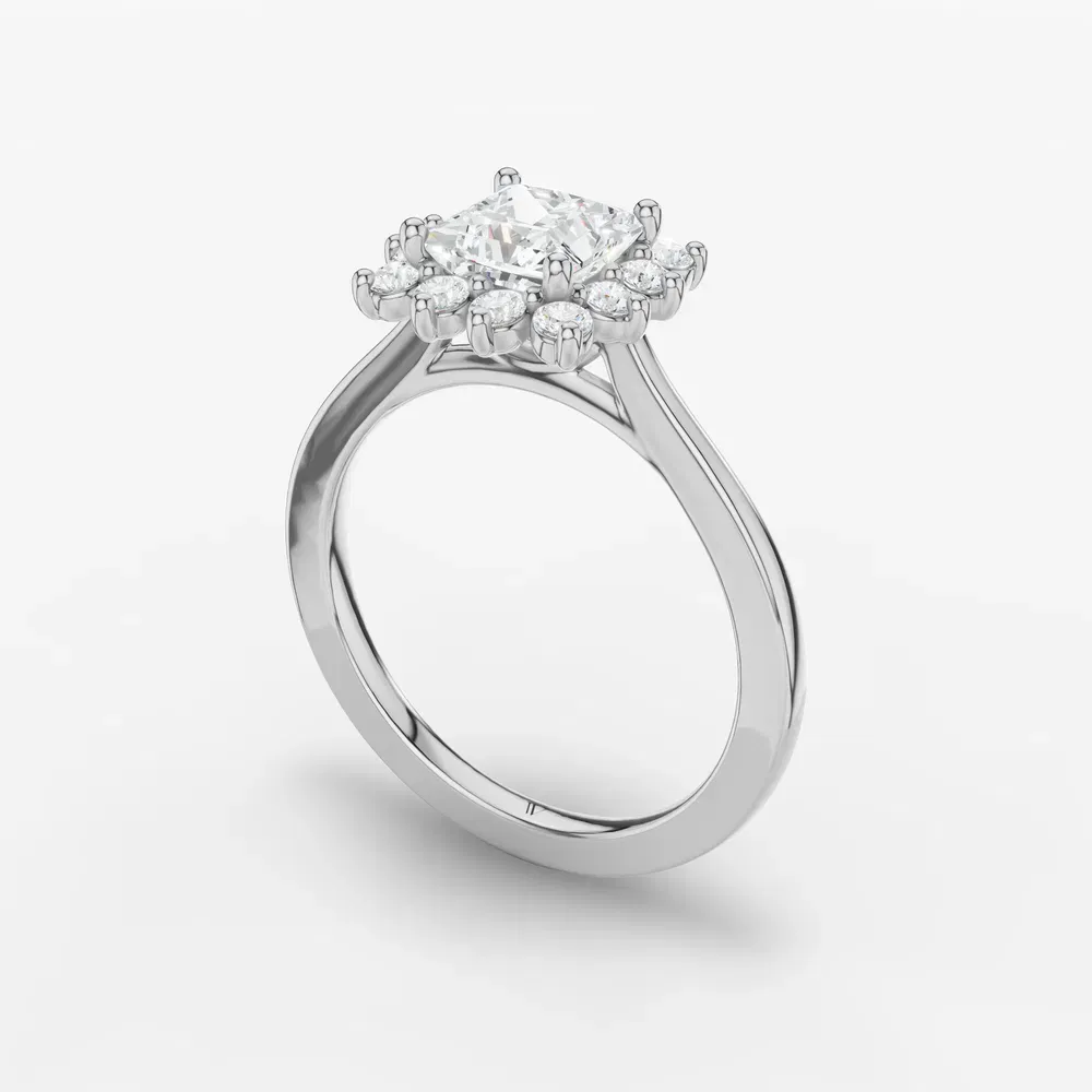 Certified 1 carat Lab Grown Diamond Princess Cut Cathedral, Halo, Floral Engagement Ring in 14K White Gold-Juncb