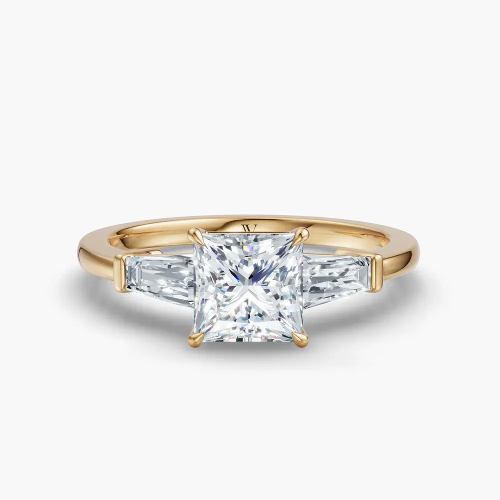 Certified 1 carat Lab Grown Diamond Princess Cut Three Stone, Baguette, Cathedral Engagement Ring in 14K Yellow Gold-Glyss