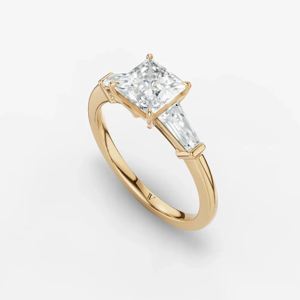 Certified 1 carat Lab Grown Diamond Princess Cut Three Stone, Baguette, Cathedral Engagement Ring in 14K Yellow Gold-Glyss