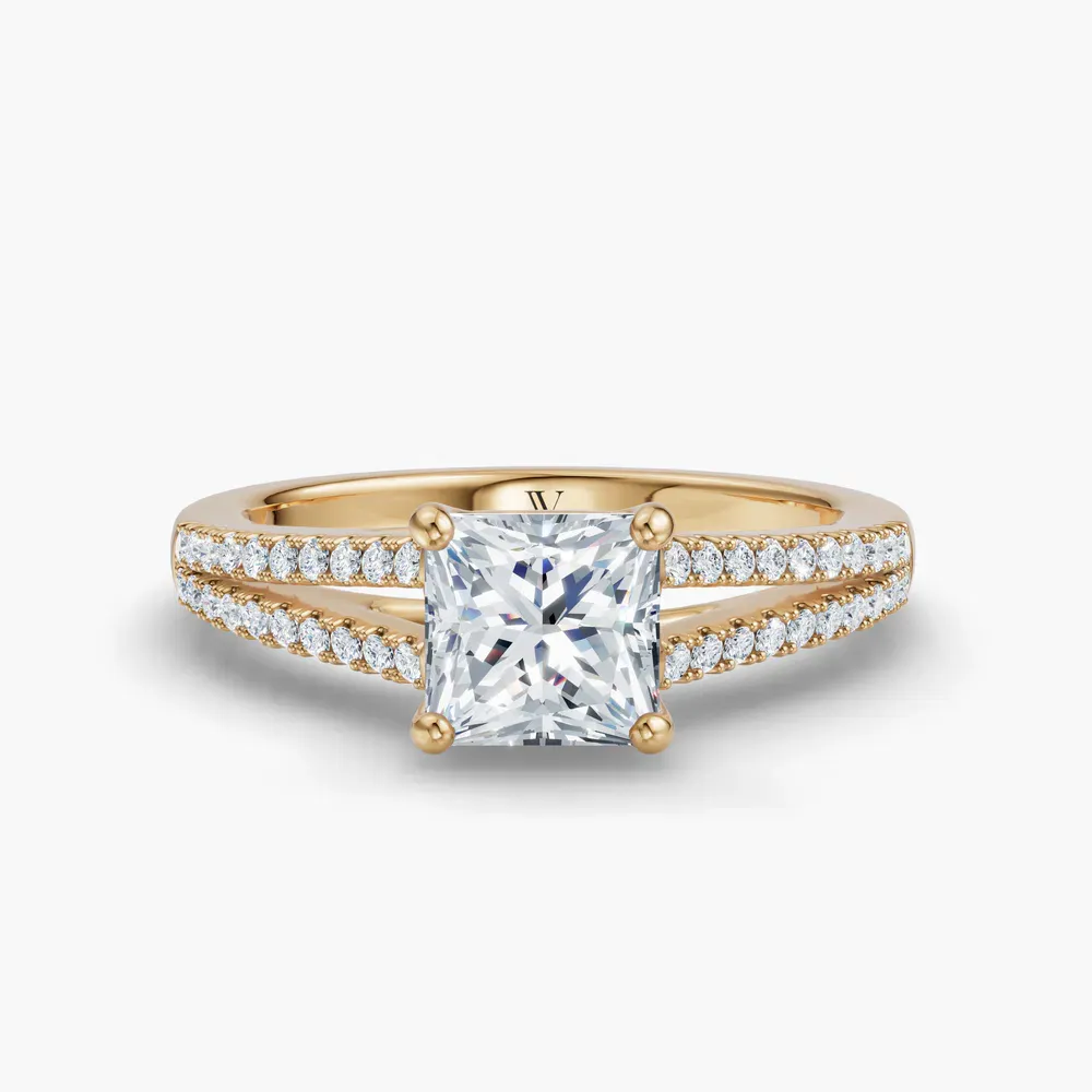 Certified 1 carat Lab Grown Diamond Princess Cut Pavé, Cathedral, Split Shank Engagement Ring in 14K Yellow Gold-Lumy