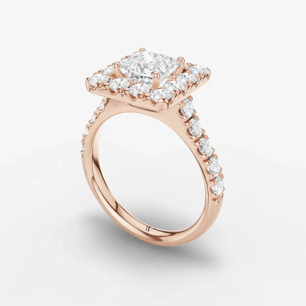 Certified 1 carat Lab Grown Diamond Princess Cut Halo, Pavé, Cathedral Engagement Ring in 14K Rose Gold-Astrid