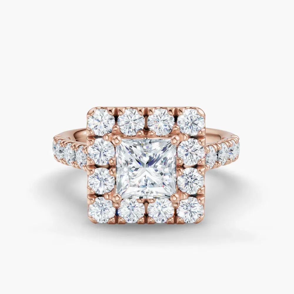 Certified 1 carat Lab Grown Diamond Princess Cut Halo, Pavé, Cathedral Engagement Ring in 14K Rose Gold-Astrid