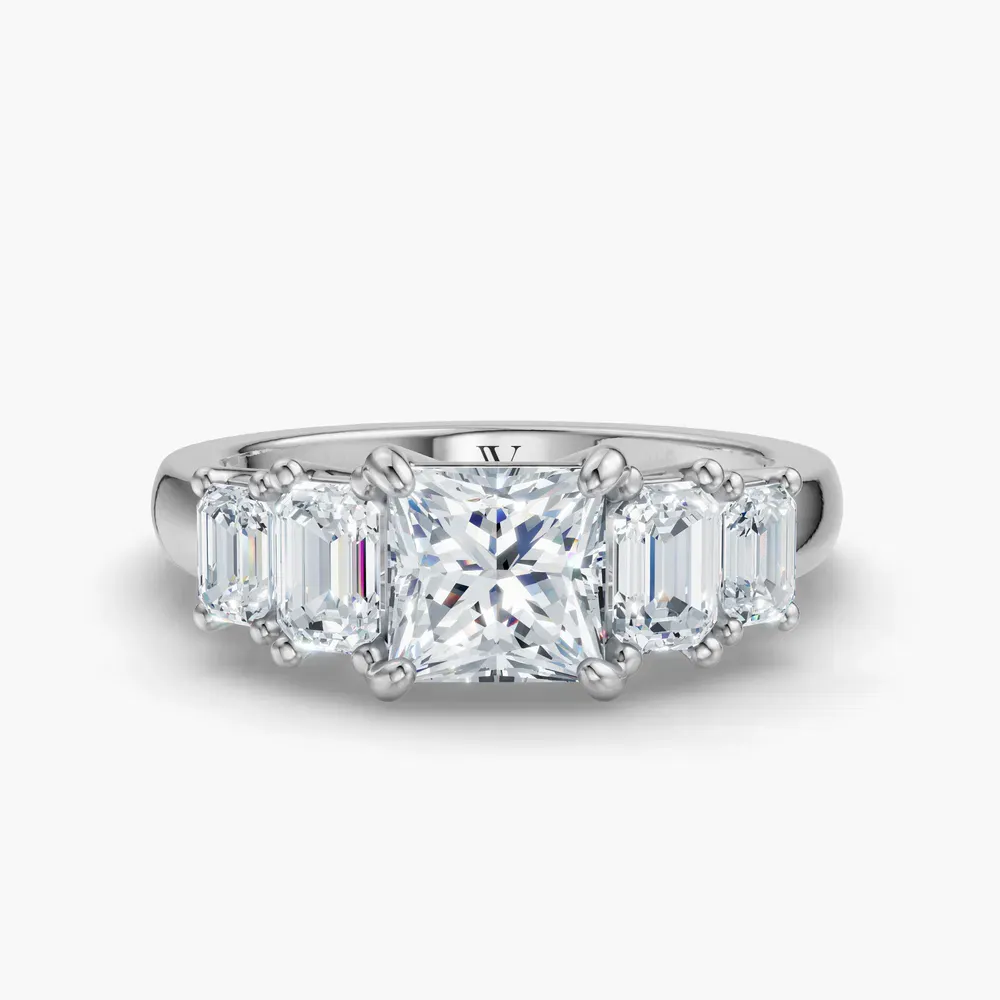 Certified 1 carat Lab Grown Diamond Princess Cut Five Stone, Side Stone Engagement Ring in 14K White Gold-Osvh