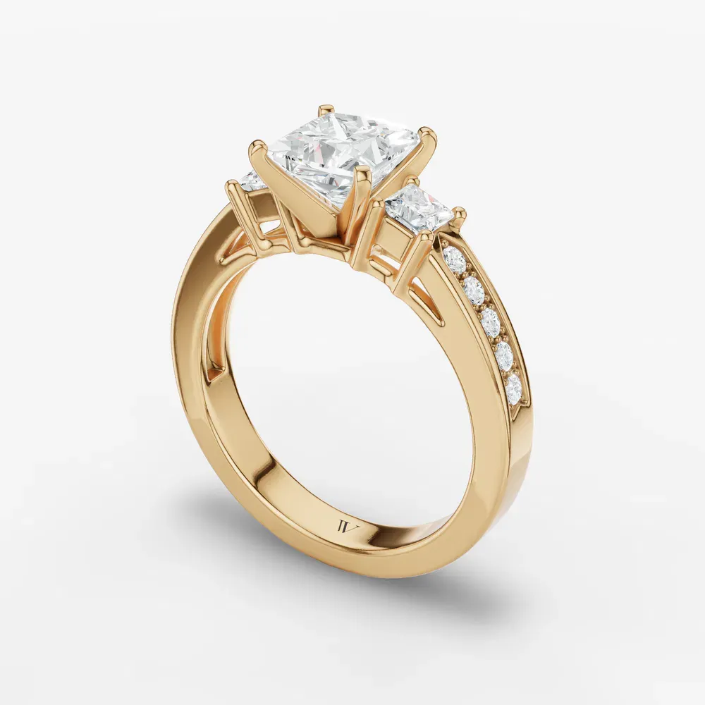 Certified 1 carat Lab Grown Diamond Princess Cut Three Stone, Pavé, Channel Set Engagement Ring in 14K Yellow Gold-Velis