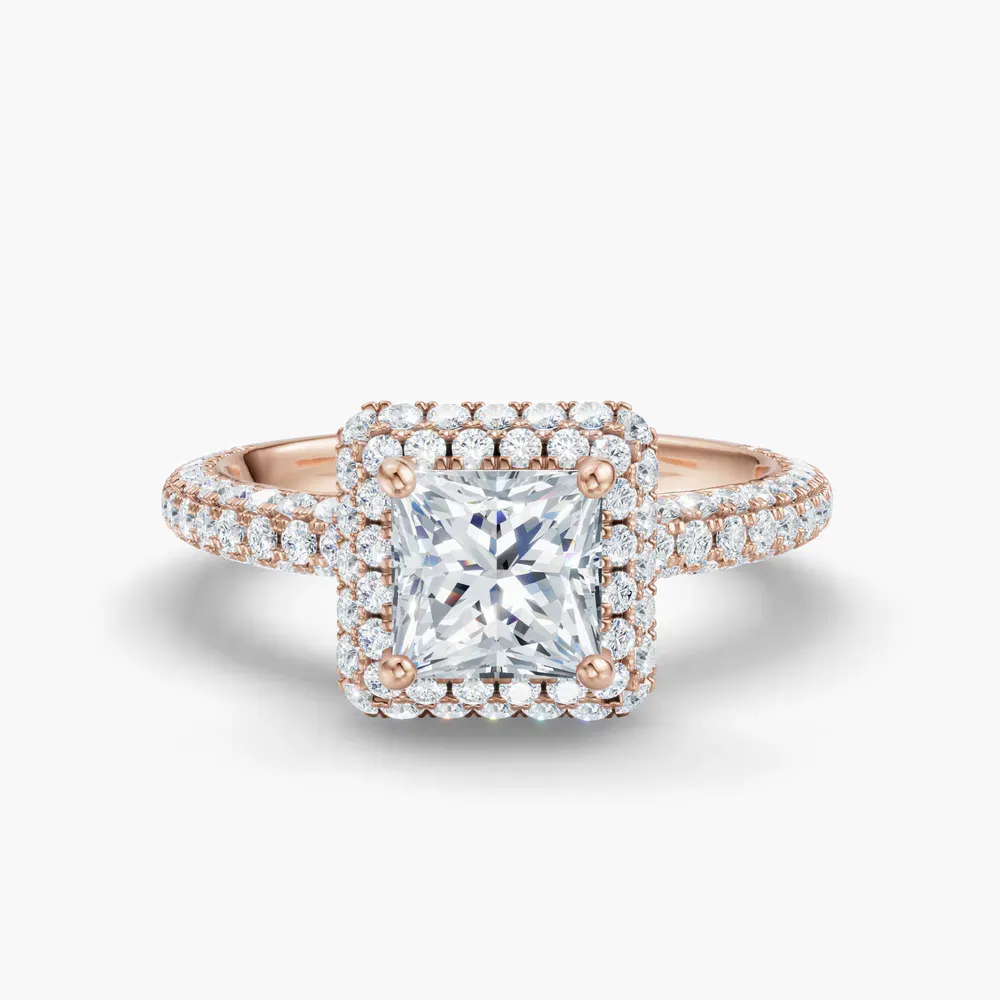 Certified 1 carat Lab Grown Diamond Princess Cut Pavé, Halo, Hidden Halo Engagement Ring in 14K Rose Gold-Brym