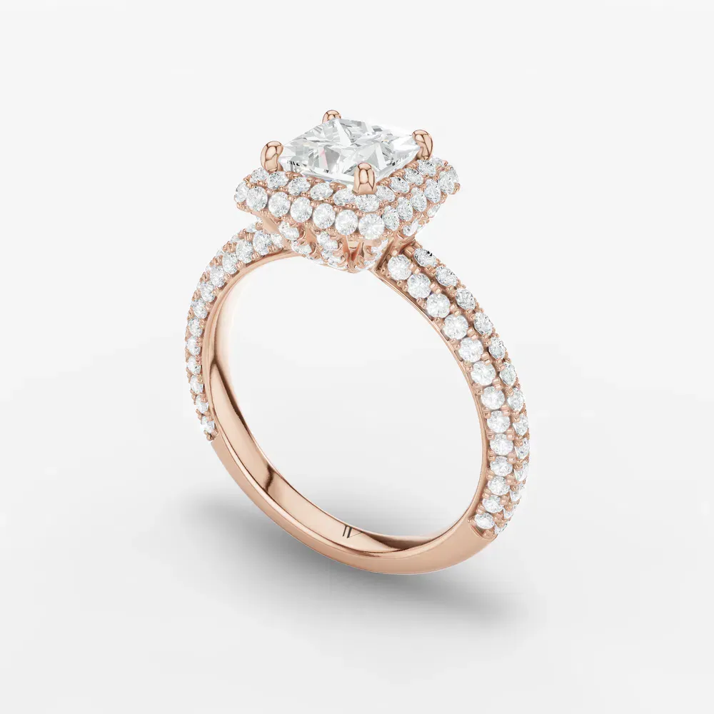 Certified 1 carat Lab Grown Diamond Princess Cut Pavé, Halo, Hidden Halo Engagement Ring in 14K Rose Gold-Brym