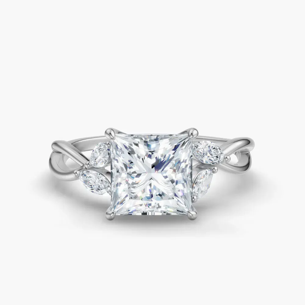 Certified 1 carat Lab Grown Diamond Princess Cut Twist, Split Shank, Side Stone Engagement Ring in 14K White Gold-Mena
