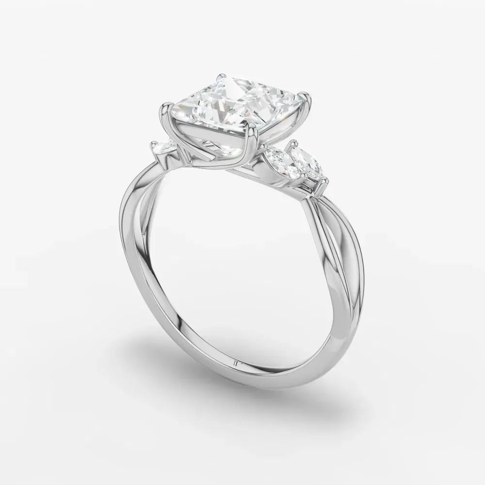 Certified 1 carat Lab Grown Diamond Princess Cut Twist, Split Shank, Side Stone Engagement Ring in 14K White Gold-Mena