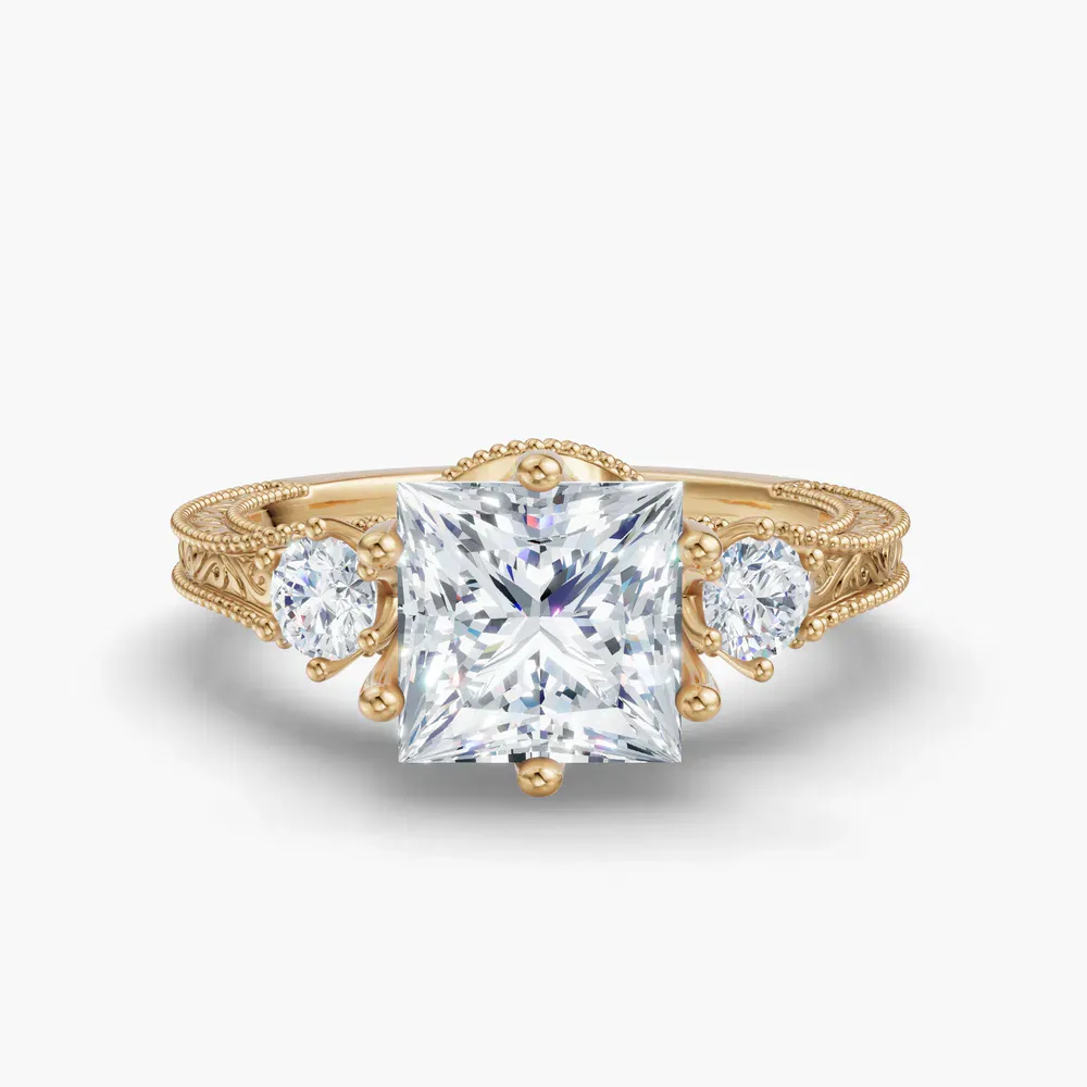 Certified 1 carat Lab Grown Diamond Princess Cut Three Stone, Unique, Milgrain Engagement Ring in 14K Yellow Gold-Zara