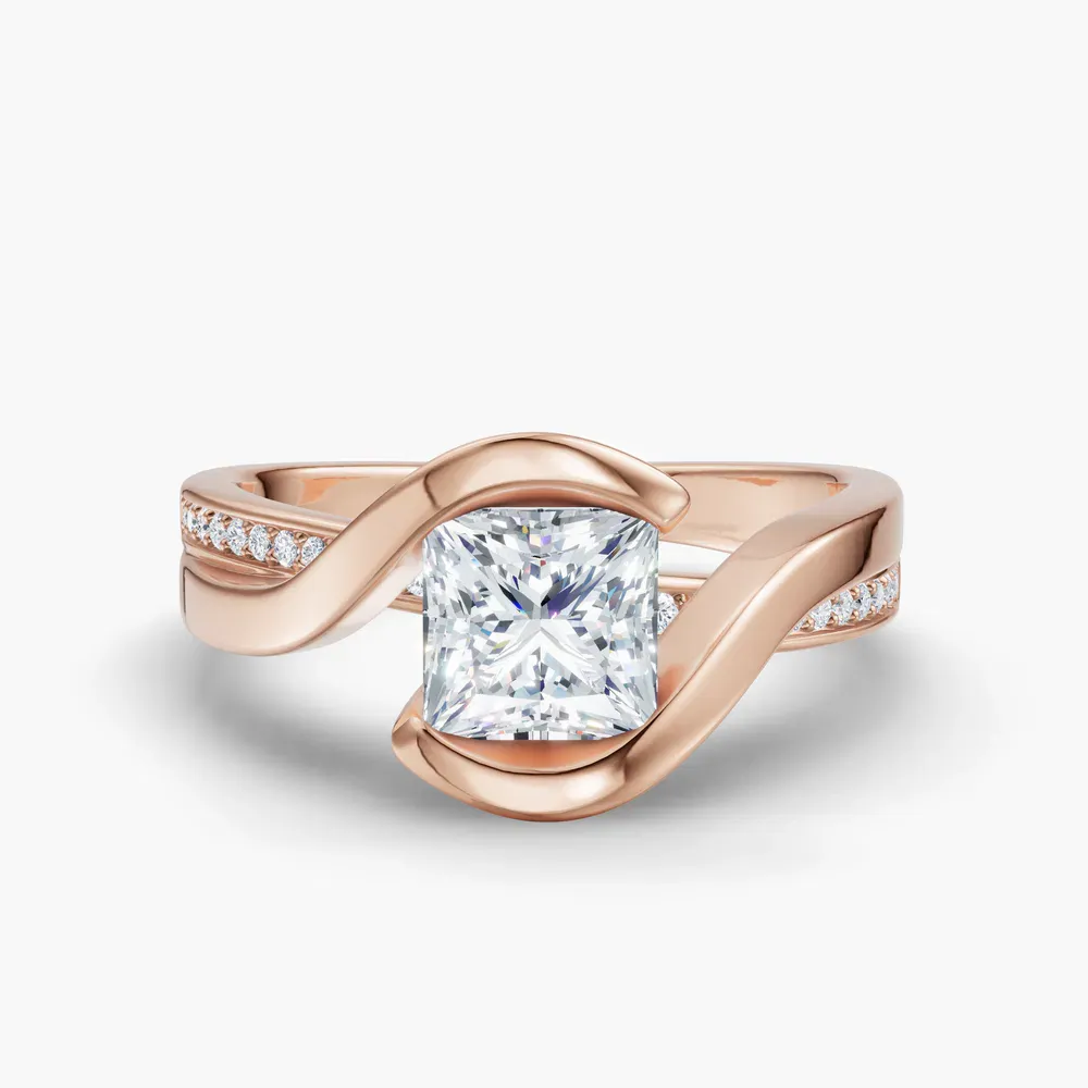 Certified 1 carat Lab Grown Diamond Princess Cut Bezel, Modern, Split Shank Engagement Ring in 14K Rose Gold-Elara