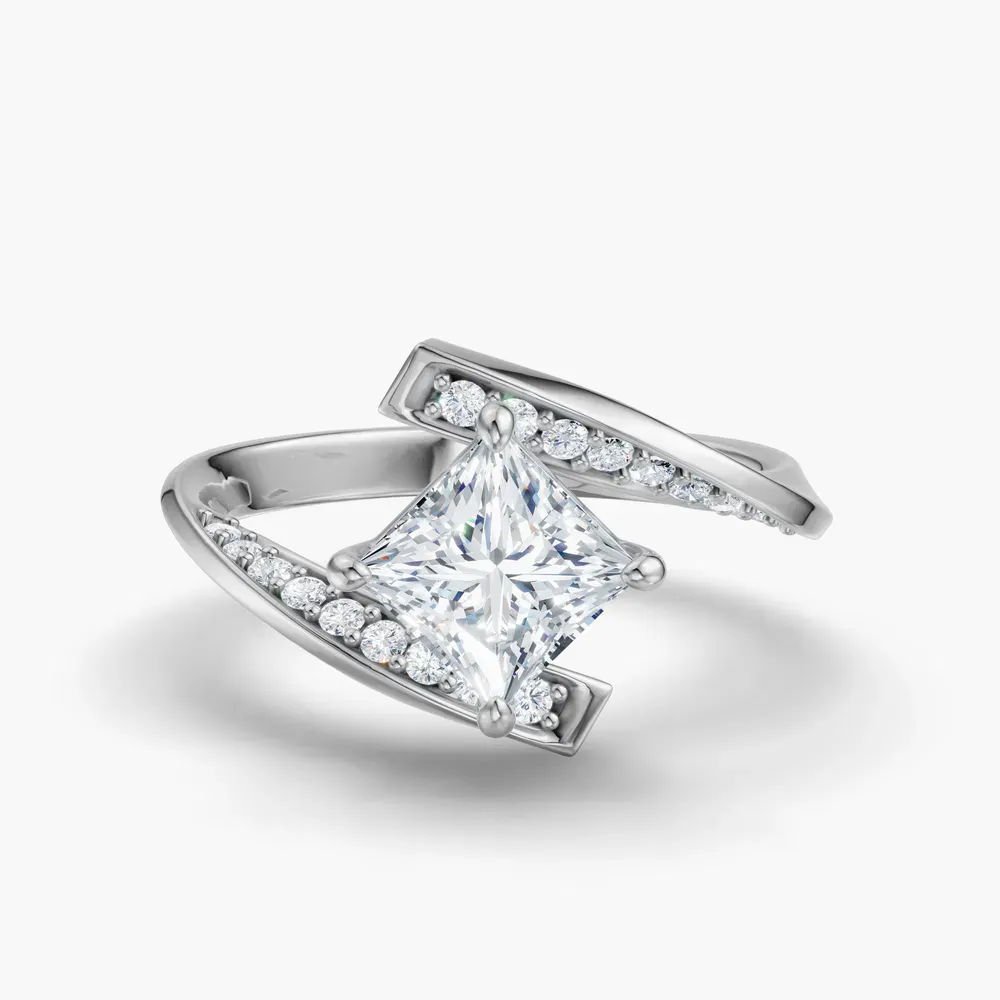 Certified 1 carat Lab Grown Diamond Princess Cut Modern, Unique, Pavé Engagement Ring in 14K White Gold-Lirene