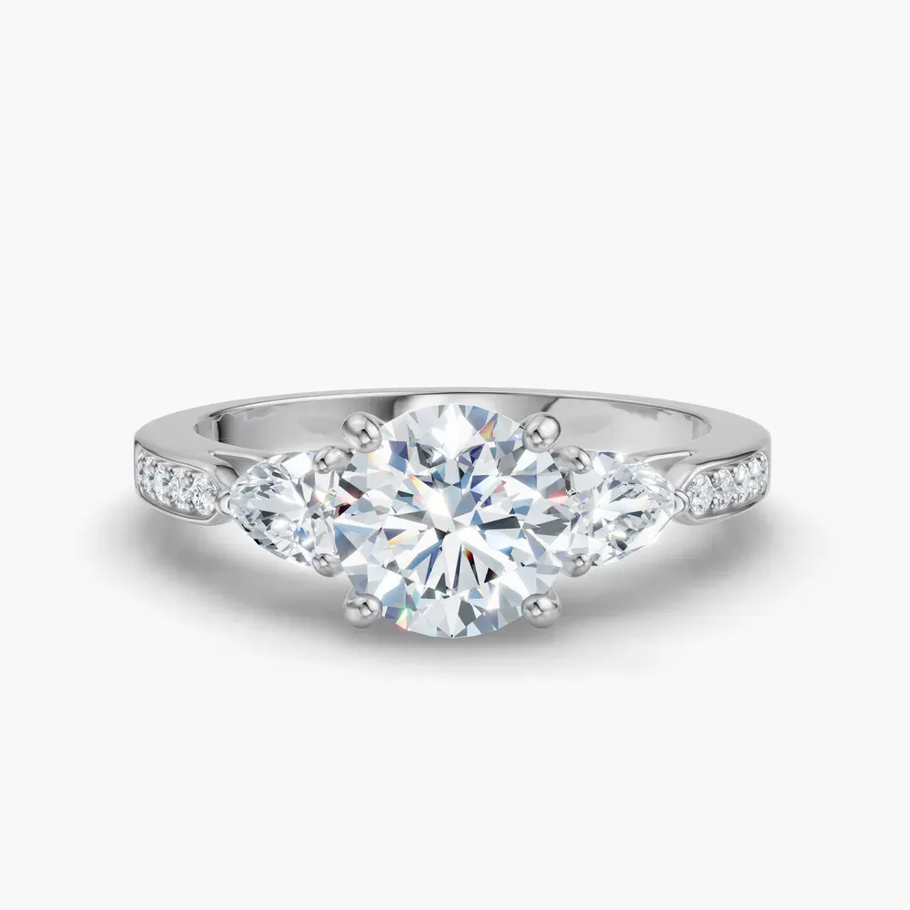 Certified 1 carat Lab Grown Diamond Round Cut Three Stone, Pavé, Four Prong Engagement Ring in Platinum-Zevd