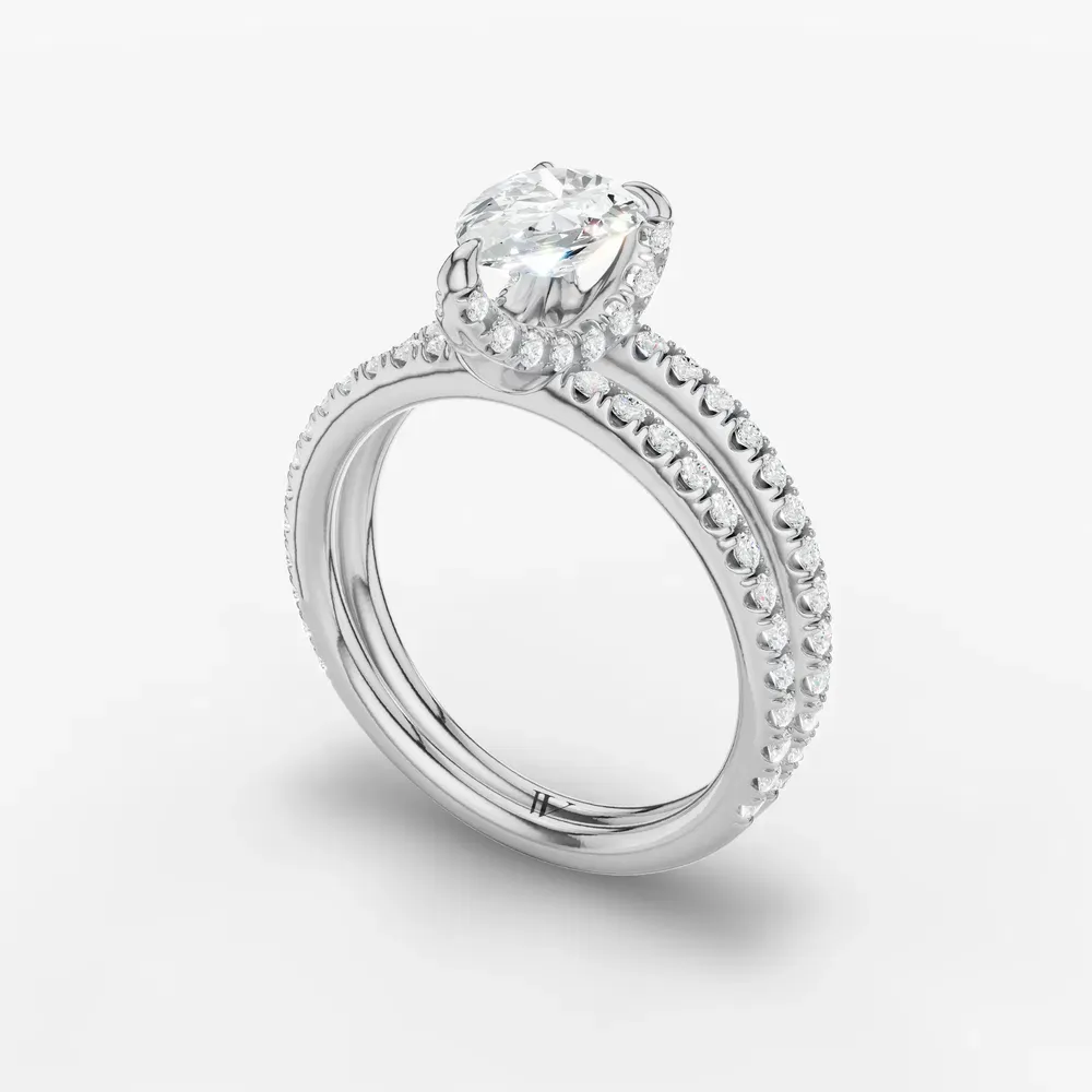 Certified 1 carat Lab Grown Diamond Pear Cut Pavé, Split Shank, Hidden Halo Engagement Ring in Platinum-Soren