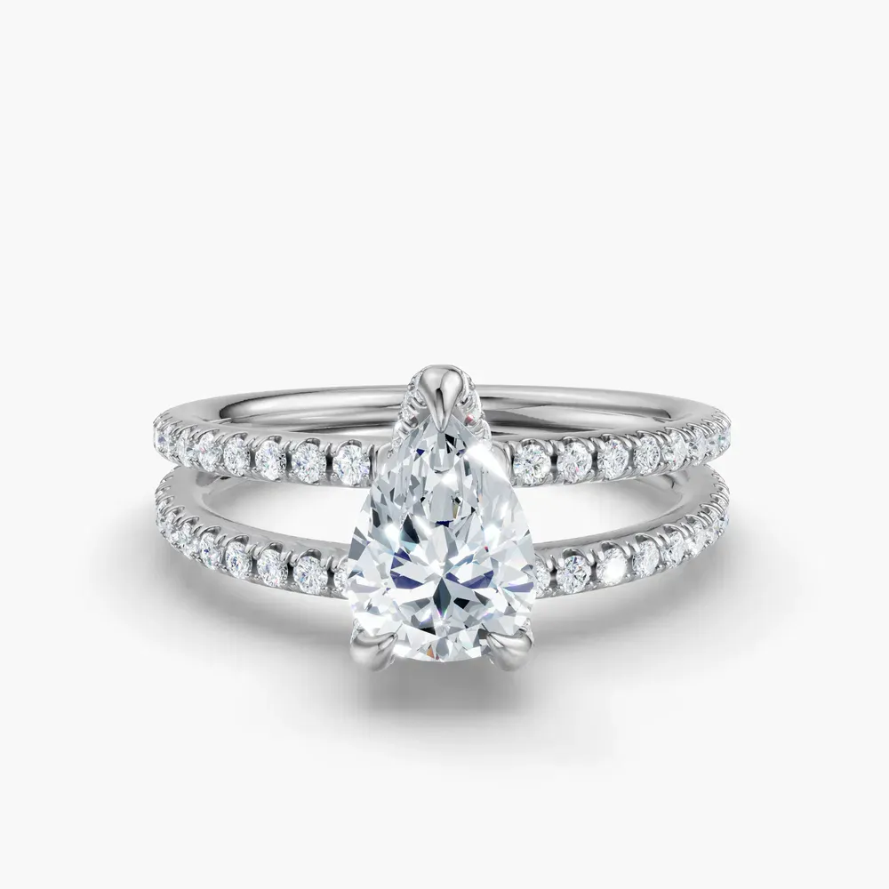 Certified 1 carat Lab Grown Diamond Pear Cut Pavé, Split Shank, Hidden Halo Engagement Ring in Platinum-Soren