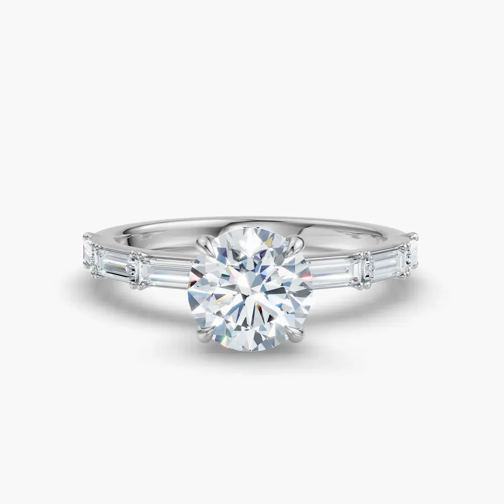 Certified 1 carat Lab Grown Diamond Round Cut Baguette, Four Prong, Side Stone Engagement Ring in Platinum-Lunark