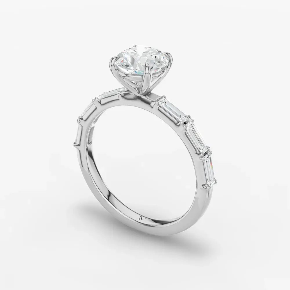 Certified 1 carat Lab Grown Diamond Round Cut Baguette, Four Prong, Side Stone Engagement Ring in Platinum-Lunark