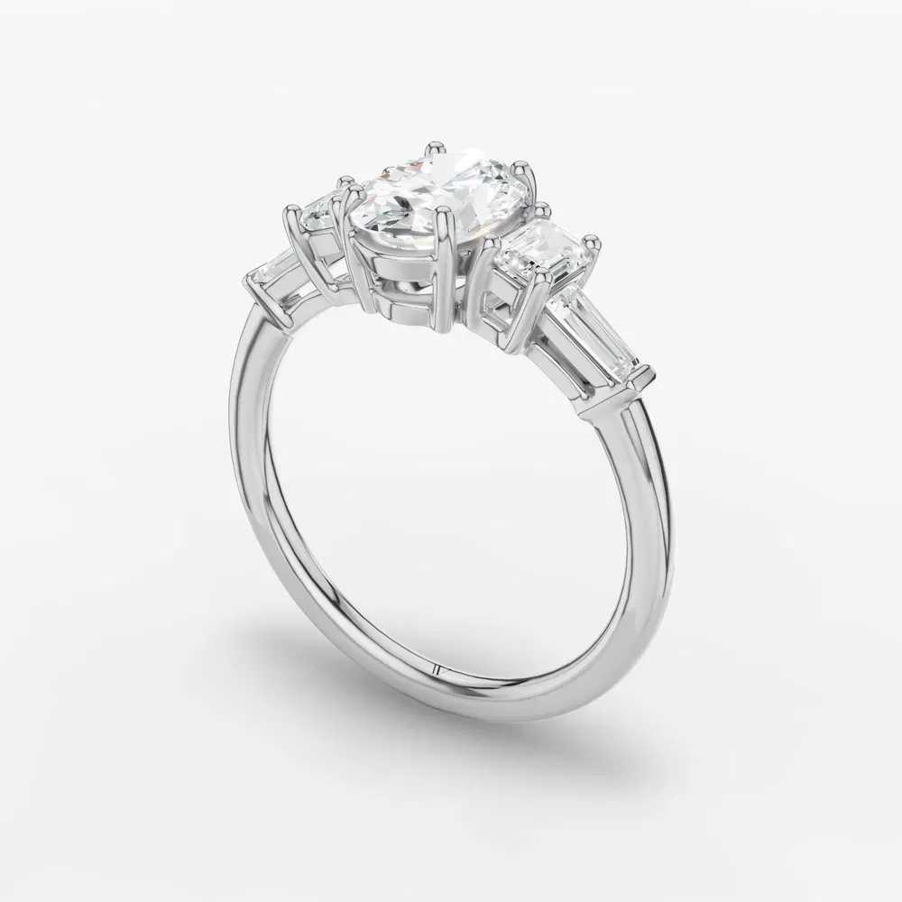 Certified 1 carat Lab Grown Diamond Oval Cut Five Stone, Baguette, Art Deco Engagement Ring in Platinum-Olume