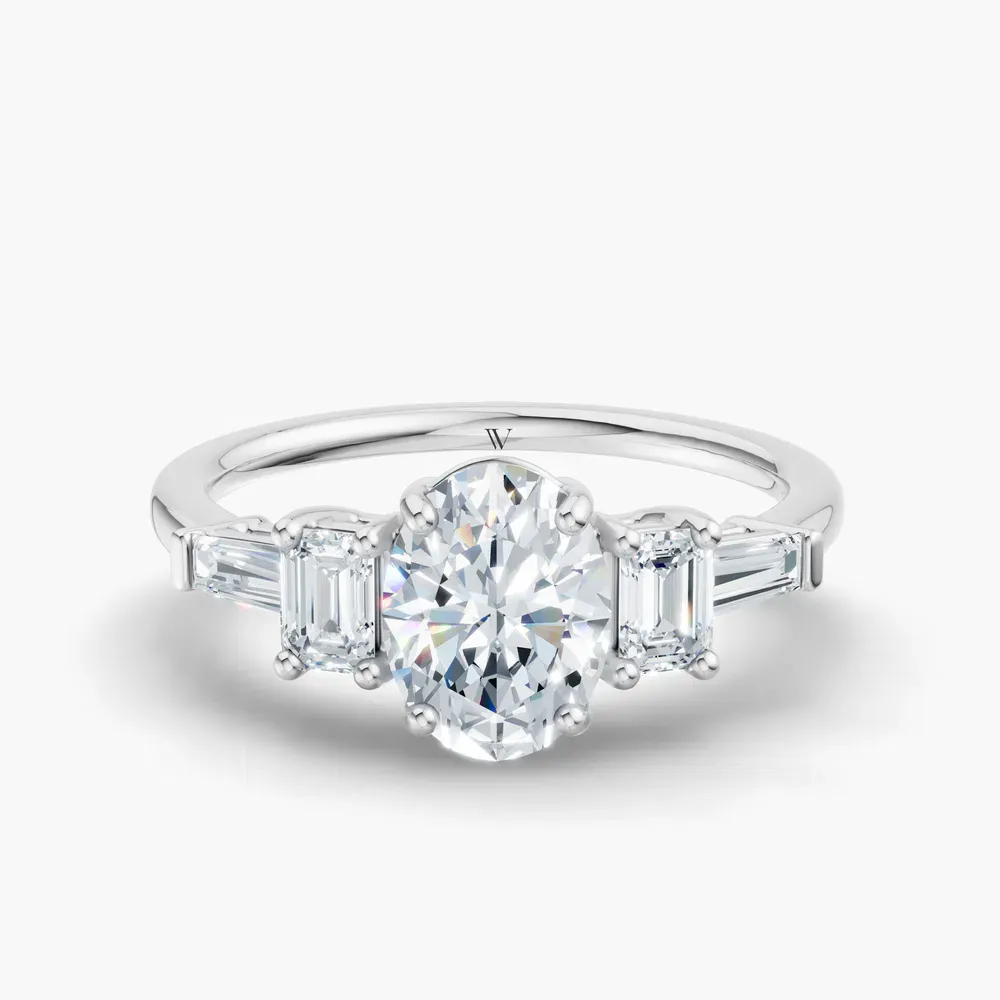 Certified 1 carat Lab Grown Diamond Oval Cut Five Stone, Baguette, Art Deco Engagement Ring in Platinum-Olume