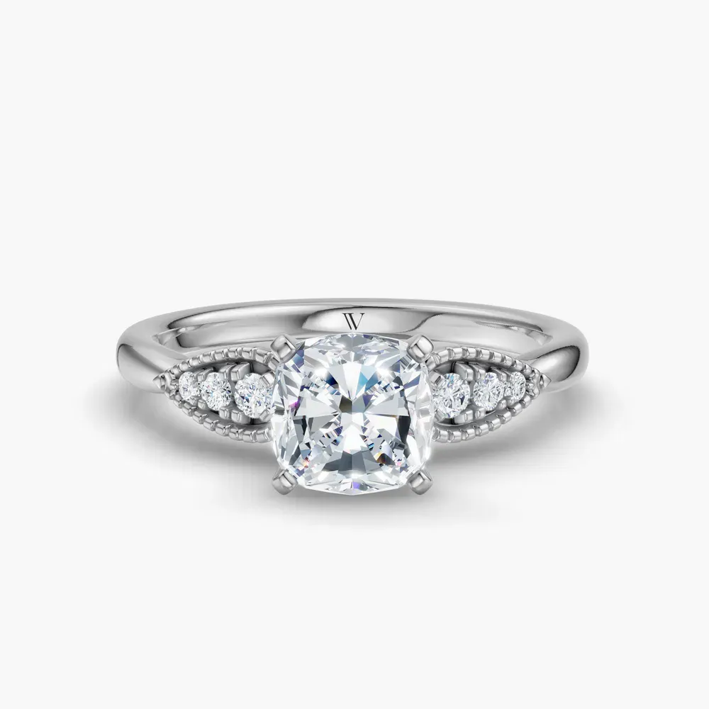 Certified 1 carat Lab Grown Diamond Cushion Cut Milgrain, Vintage, Side Stone Engagement Ring in Platinum-Yerlin