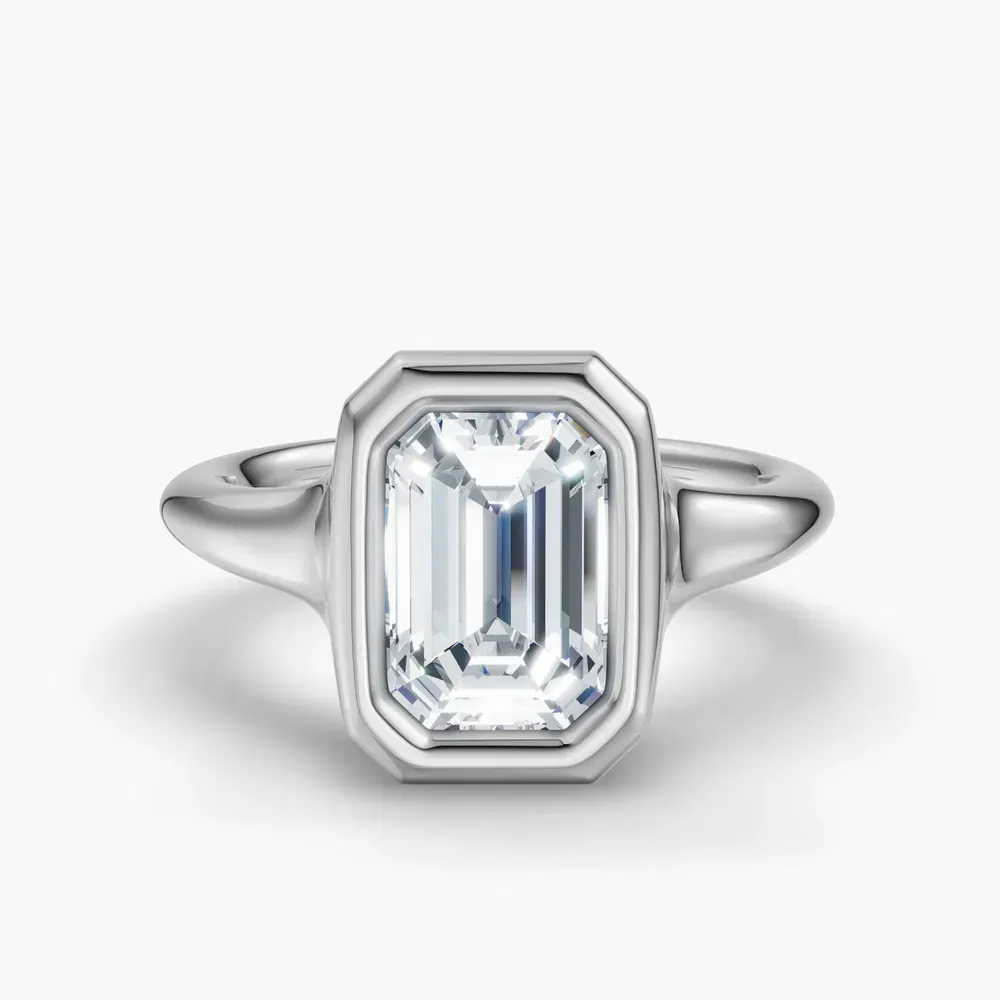 Certified 1 carat Lab Grown Diamond Emerald Cut Solitaire, Bezel Engagement Ring in Platinum-Zayn