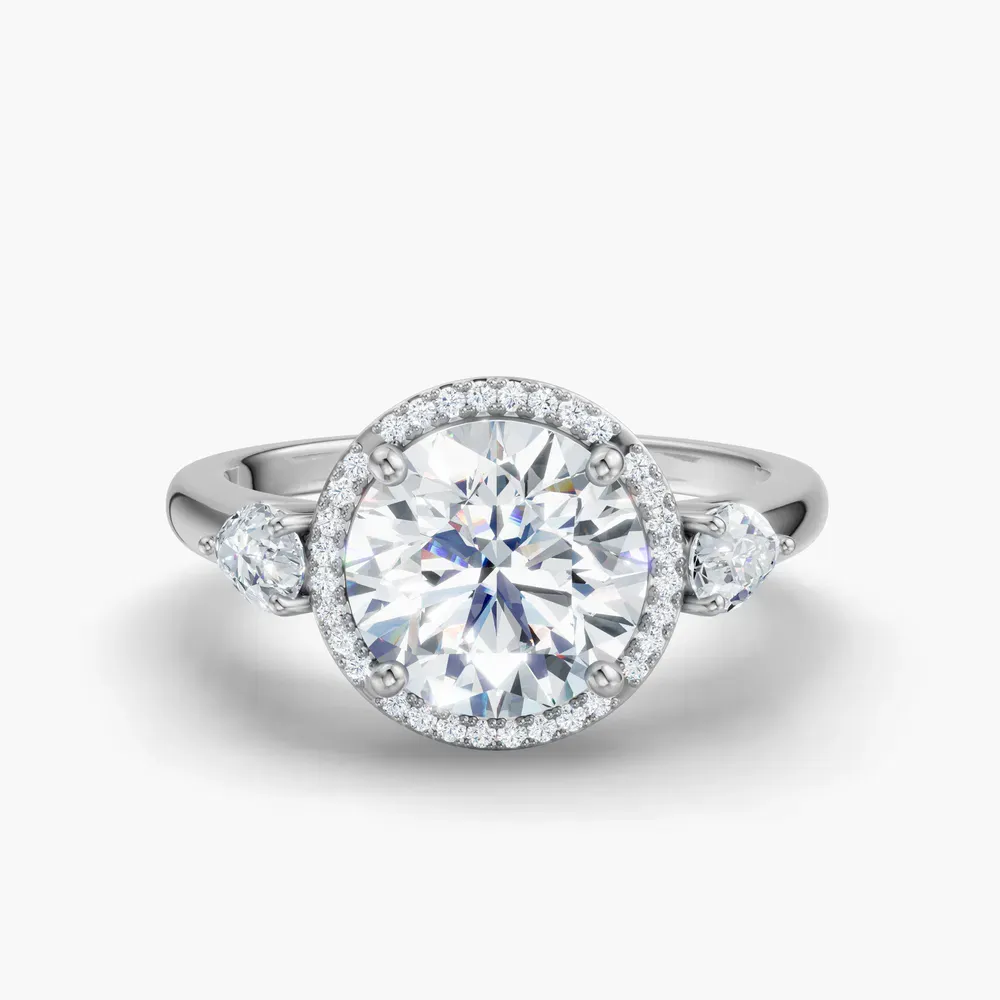 Certified 1 carat Lab Grown Diamond Round Cut Halo, Cathedral, Three Stone Engagement Ring in Platinum-Daren