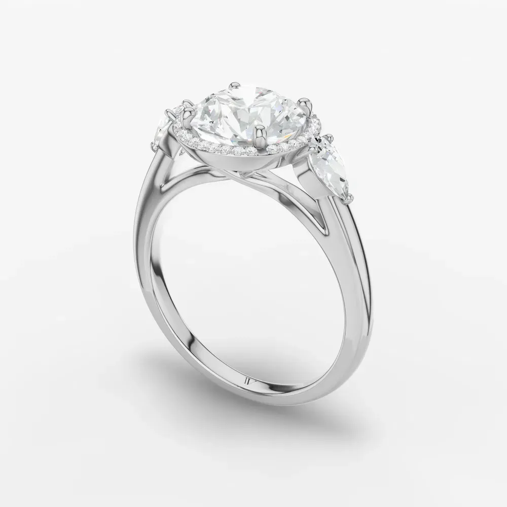 Certified 1 carat Lab Grown Diamond Round Cut Halo, Cathedral, Three Stone Engagement Ring in Platinum-Daren
