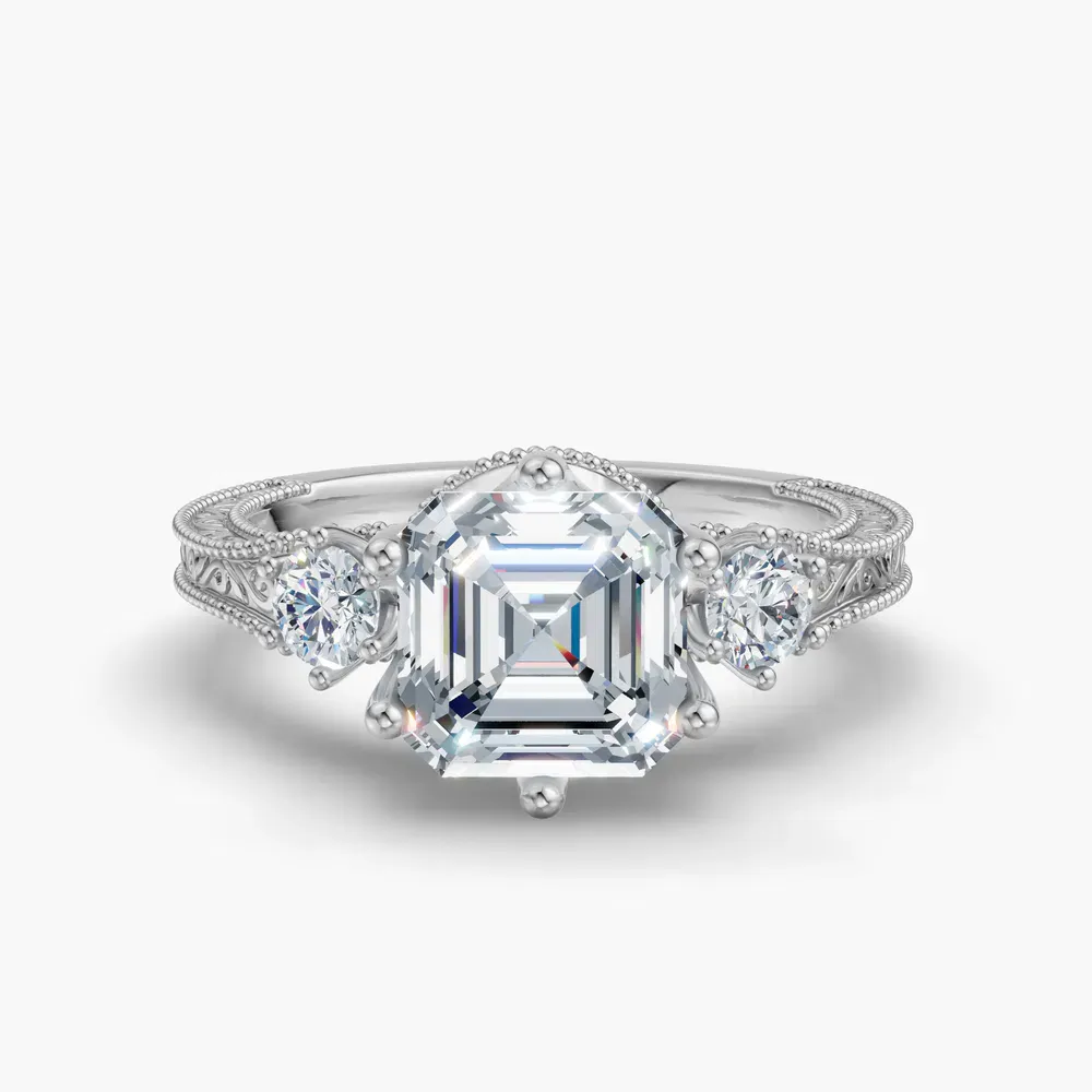 Certified 1 carat Lab Grown Diamond Asscher Cut Three Stone, Unique, Milgrain Engagement Ring in Platinum-Zara