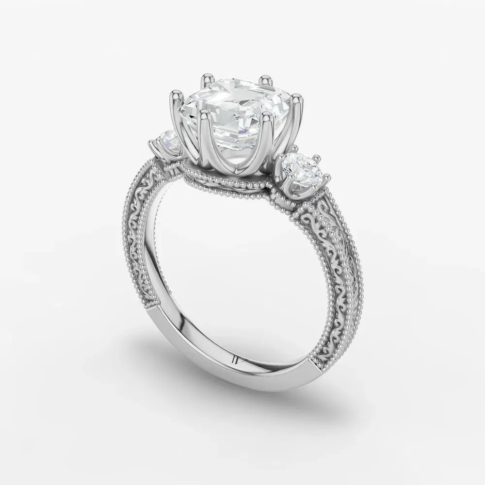 Certified 1 carat Lab Grown Diamond Asscher Cut Three Stone, Unique, Milgrain Engagement Ring in Platinum-Zara
