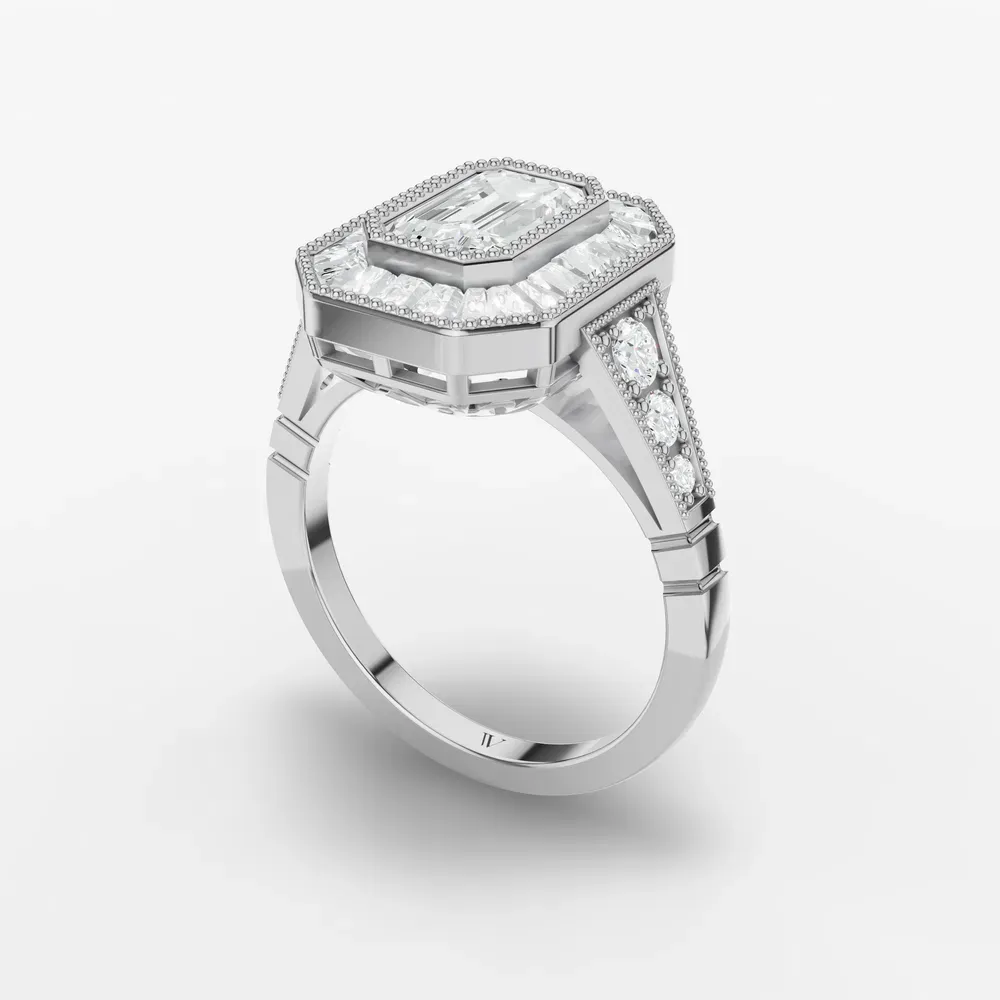 Certified 1 carat Lab Grown Diamond Emerald Cut Art Deco, Baguette, Milgrain Engagement Ring in Platinum-Luxen
