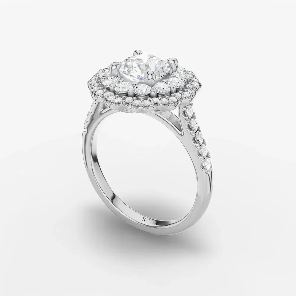 Certified 1 carat Lab Grown Diamond Round Cut Double halo, Cathedral, Nature inspired Engagement Ring in Platinum-Hiveli