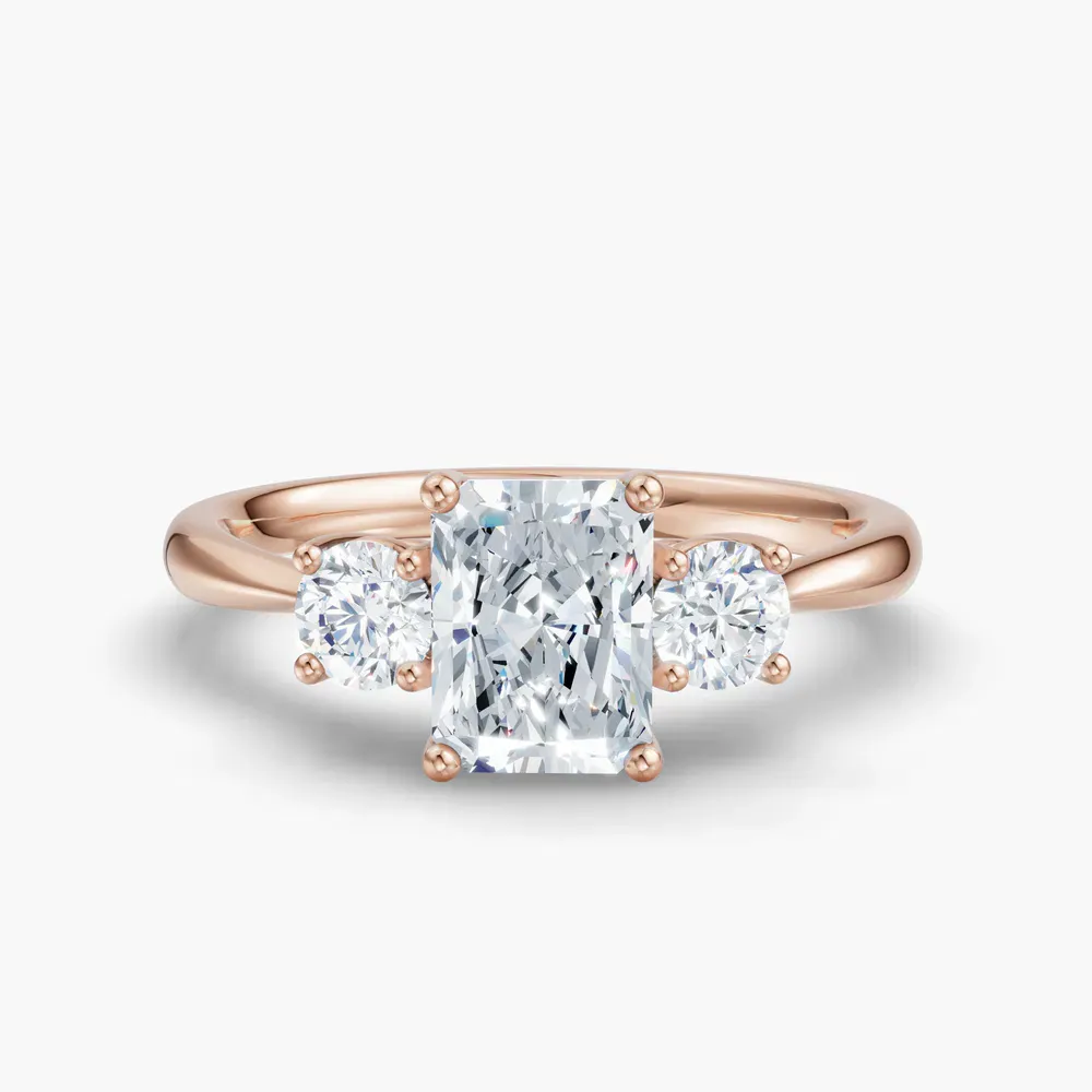 Certified 1 carat Lab Grown Diamond Radiant Cut Three Stone, Side Stone, Low profile Engagement Ring in 14K Rose Gold-Dhyra