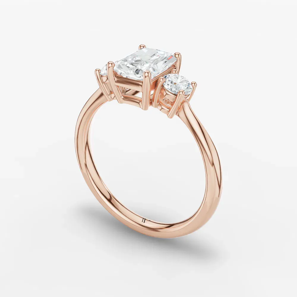 Certified 1 carat Lab Grown Diamond Radiant Cut Three Stone, Side Stone, Low profile Engagement Ring in 14K Rose Gold-Dhyra