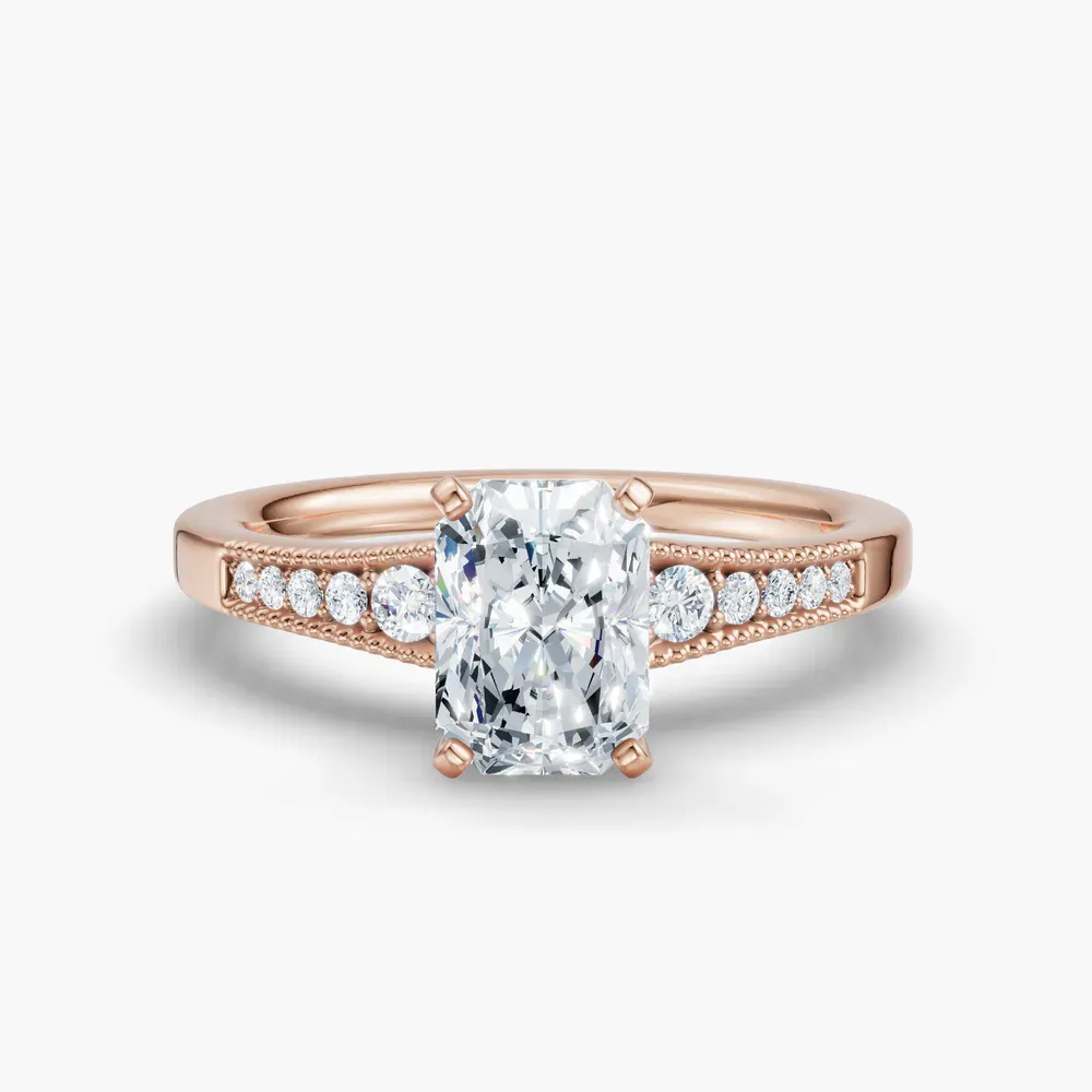 Certified 1 carat Lab Grown Diamond Radiant Cut Milgrain, Pavé, Side Stone Engagement Ring in 14K Rose Gold-Rosca
