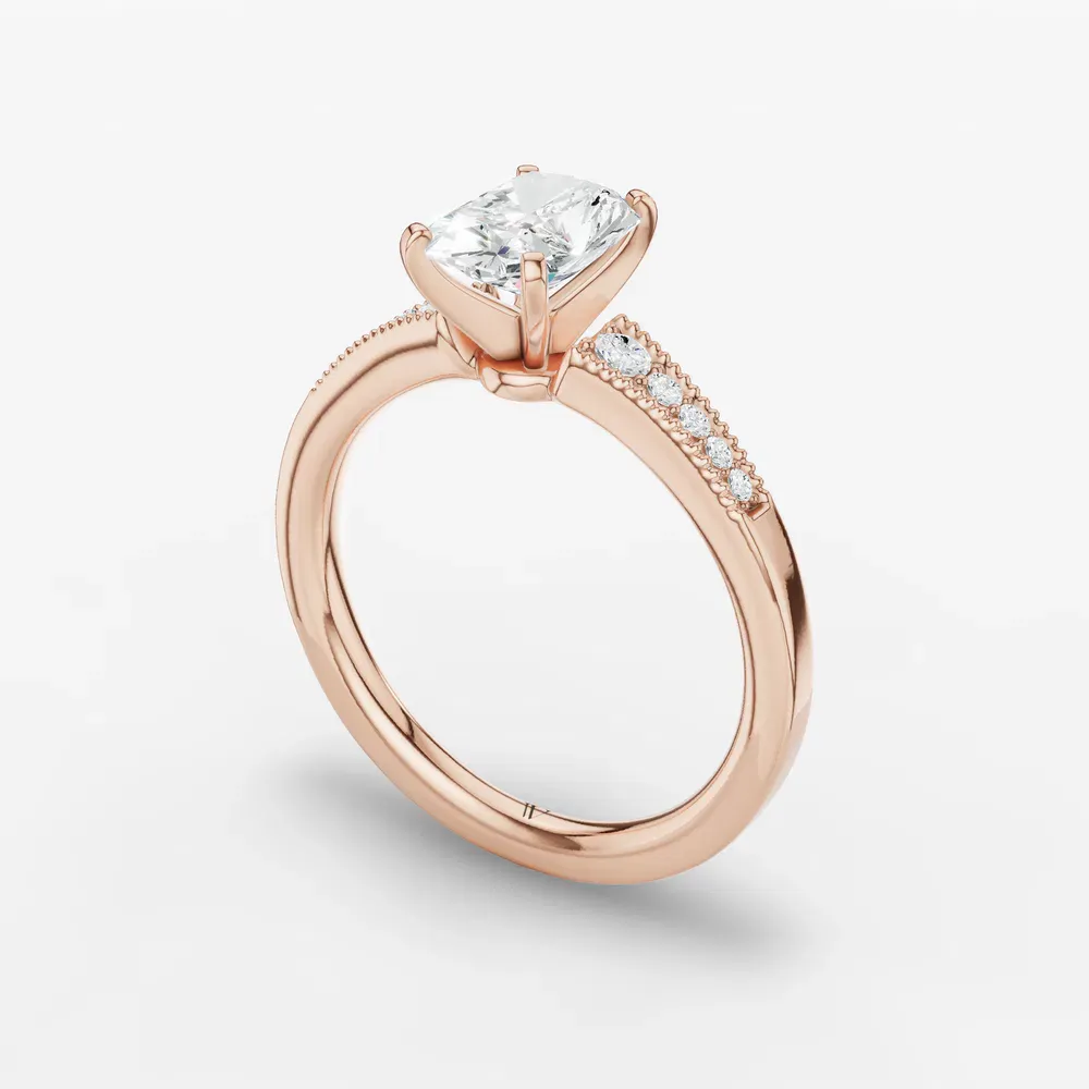 Certified 1 carat Lab Grown Diamond Radiant Cut Milgrain, Pavé, Side Stone Engagement Ring in 14K Rose Gold-Rosca