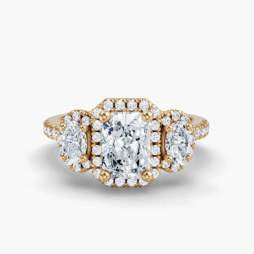Certified 1 carat Lab Grown Diamond Radiant Cut Pavé, Three Stone, Halo Engagement Ring in 14K Yellow Gold-Norell