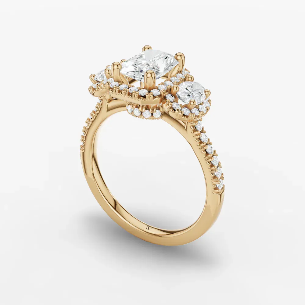 Certified 1 carat Lab Grown Diamond Radiant Cut Pavé, Three Stone, Halo Engagement Ring in 14K Yellow Gold-Norell