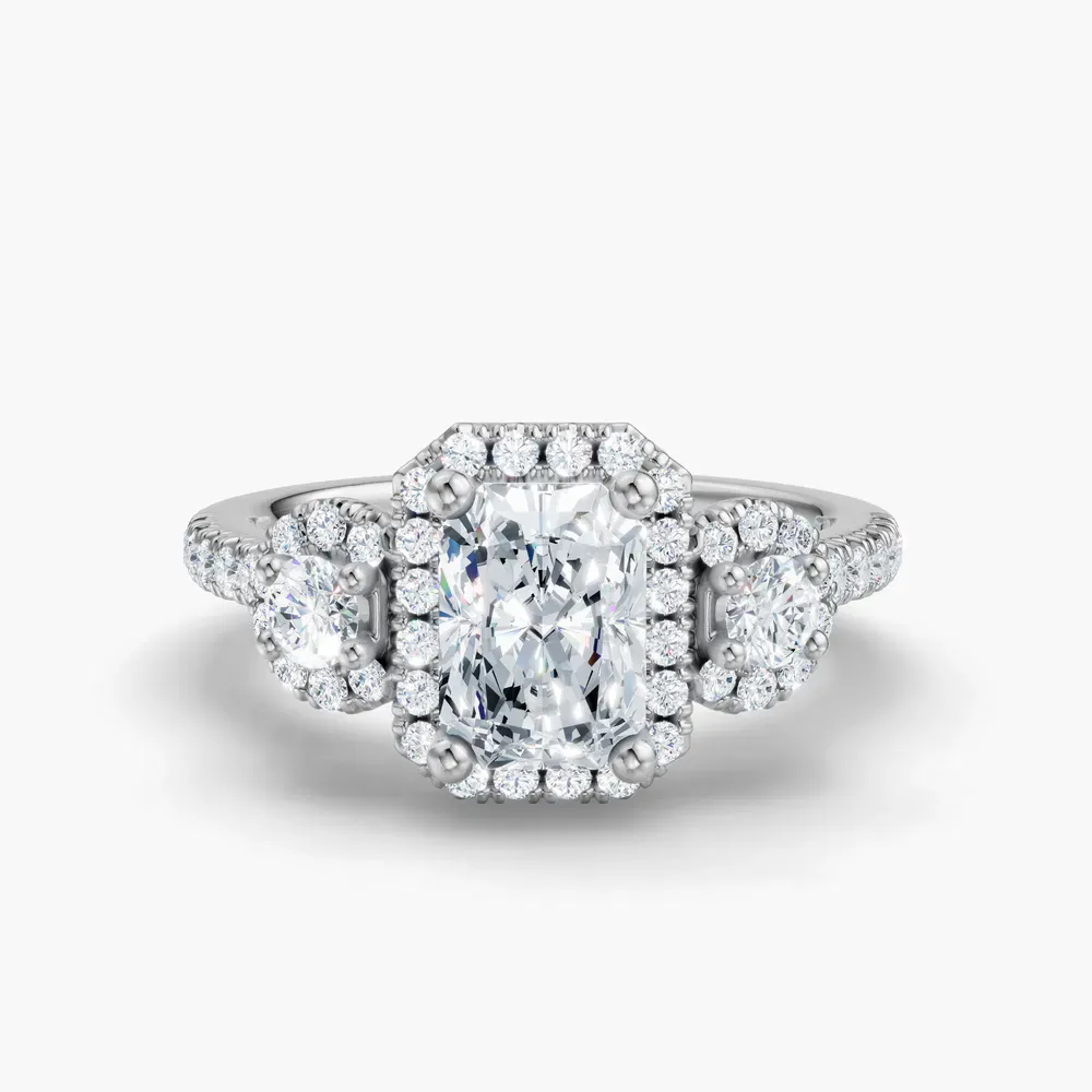 Certified 1 carat Lab Grown Diamond Radiant Cut Three Stone, Halo, Hidden Halo Engagement Ring in 14K White Gold-Hylor