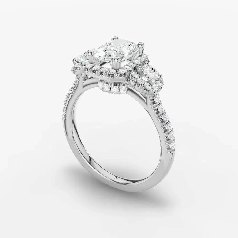 Certified 1 carat Lab Grown Diamond Radiant Cut Three Stone, Halo, Hidden Halo Engagement Ring in 14K White Gold-Hylor