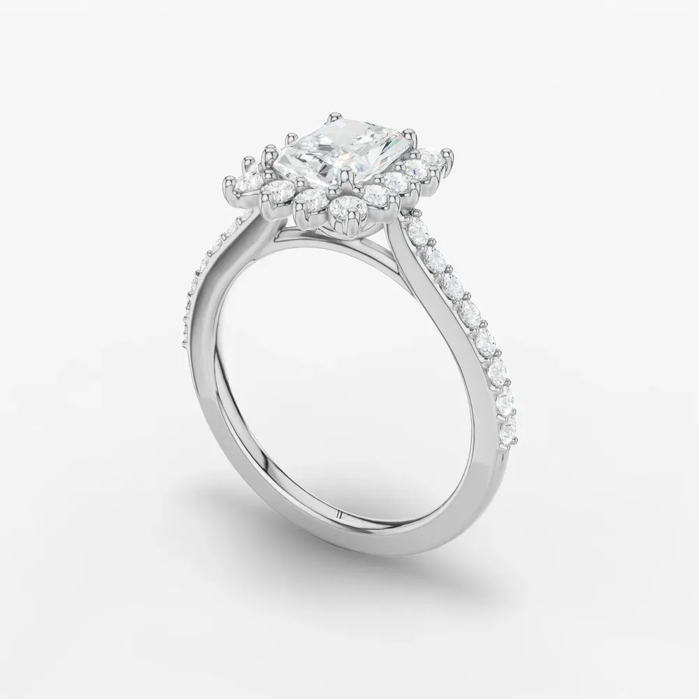 Certified 1 carat Lab Grown Diamond Radiant Cut Pavé, Halo, Floral Engagement Ring in 14K White Gold-Elite Juniper