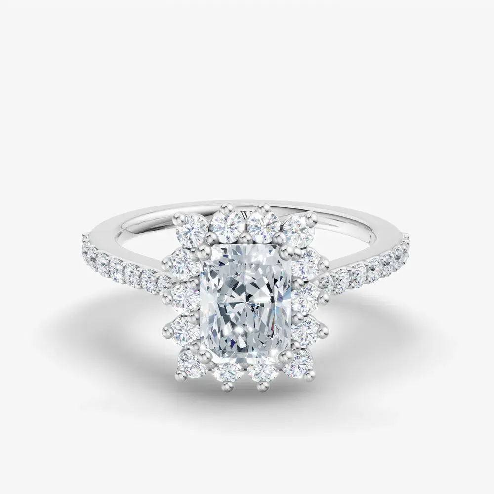 Certified 1 carat Lab Grown Diamond Radiant Cut Pavé, Halo, Floral Engagement Ring in 14K White Gold-Elite Juniper