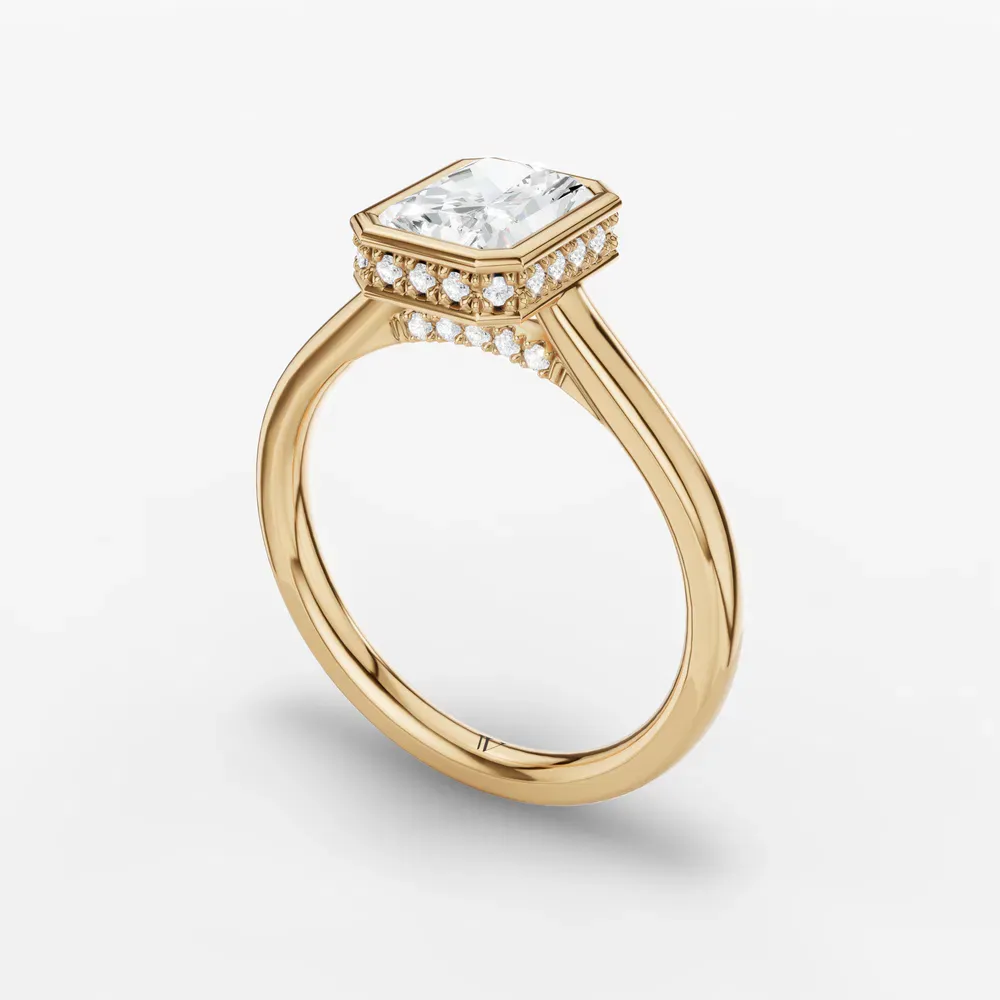 Certified 1 carat Lab Grown Diamond Radiant Cut Bezel, Solitaire, Hidden Halo Engagement Ring in 14K Yellow Gold-Nival