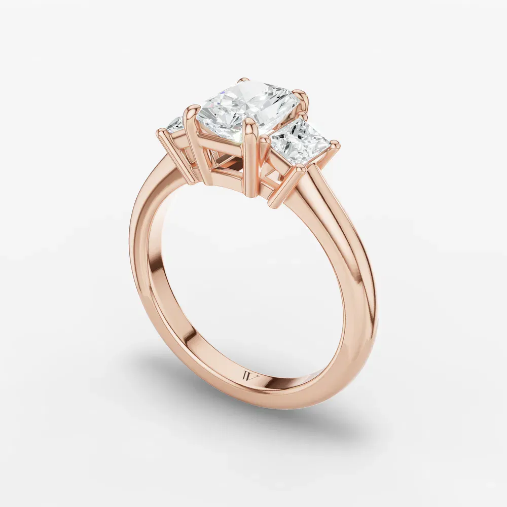 Certified 1 carat Lab Grown Diamond Radiant Cut Three Stone, Side Stone Engagement Ring in 14K Rose Gold-Dravon