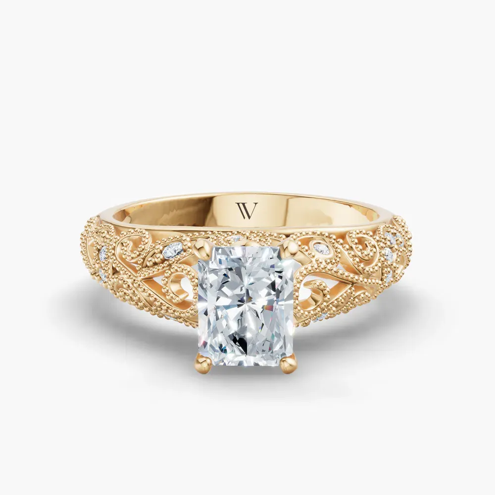 Certified 1 carat Lab Grown Diamond Radiant Cut Vintage, Milgrain, Filigree Engagement Ring in 14K Yellow Gold-Jaxen