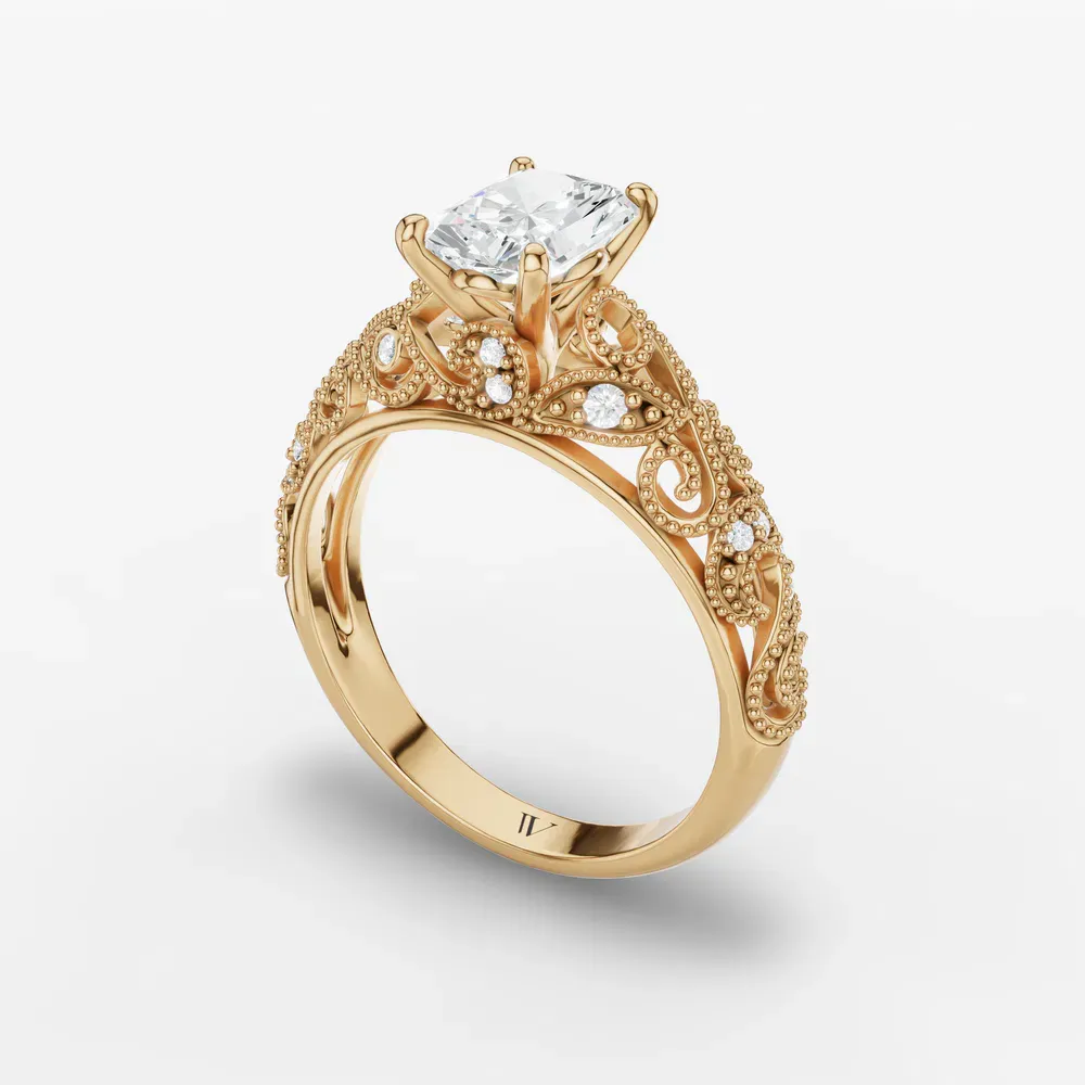 Certified 1 carat Lab Grown Diamond Radiant Cut Vintage, Milgrain, Filigree Engagement Ring in 14K Yellow Gold-Jaxen